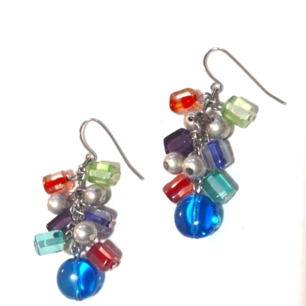 VINTAGE MULTICOLORED CLUSTERED BEADED DROP DANGLE HOOK 1.5" EARRINGS